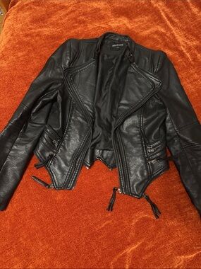 Black Faux Leather Biker Jacket with Asymmetric Zip | S | Has wear see photos